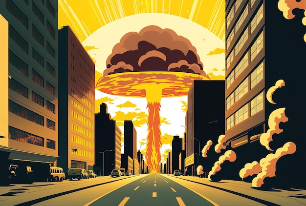 Obra de arte digital de la ciudad siendo golpeada por un arma nuclear