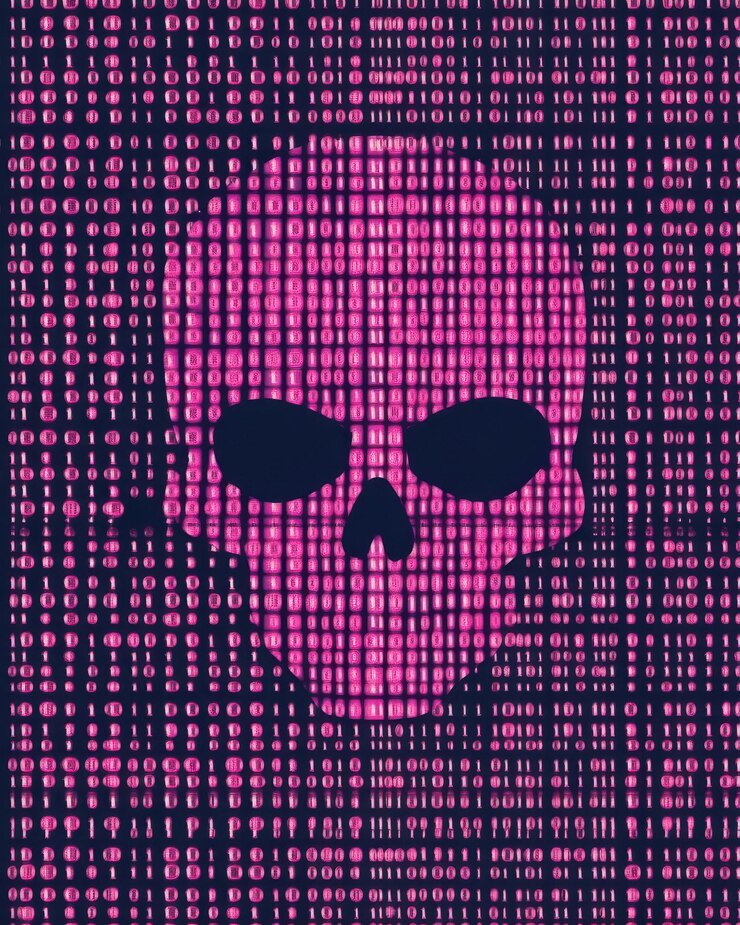 Foto una obra de arte digital con un cráneo rosado hecho de código binario que simboliza la tecnología y el peligro