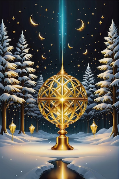Obra de arte digital de decoraciones de oro brillante que iluminan una celebración oscura de invierno