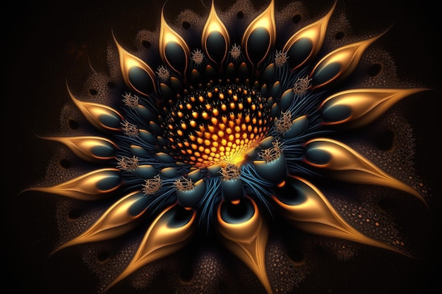 Obra de arte digital para un diseño gráfico imaginativo de una flor fractal oscura con polen