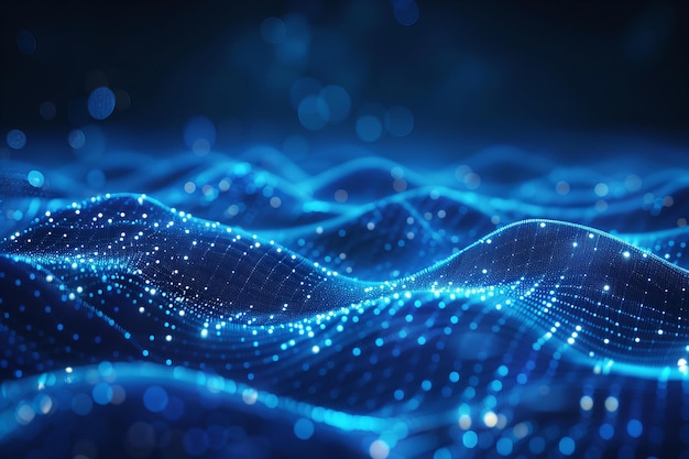 Obra de arte digital de fondo azul abstracto con ondas de malla de poli baja brillante y tecnología de puntos co
