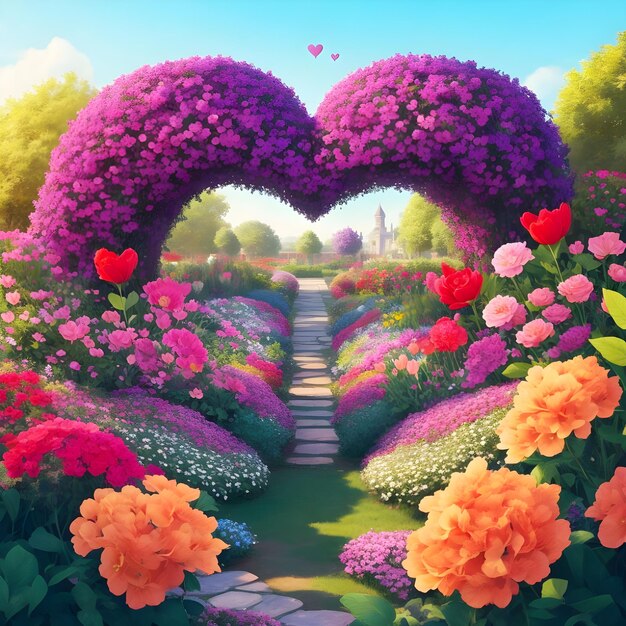 Foto obra de arte digital jardín en forma de corazón con flores día de san valentín ia generar imagen