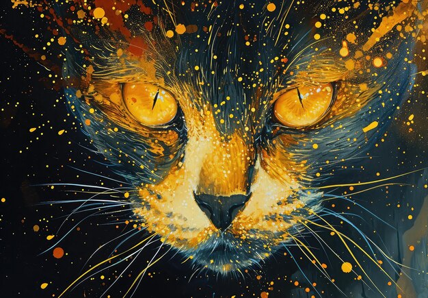 Foto obra de arte digital mística y vibrante de un gato rodeado de colores cósmicos y elementos abstractos perfecto para decoración moderna o contenido visual