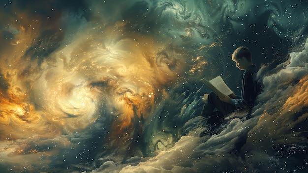Una obra de arte digital de un niño absorto en la lectura de un libro rodeado de una escena cósmica fantástica con galaxias giratorias