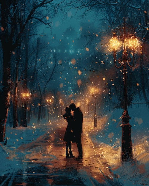 Foto una obra de arte digital de una pareja compartiendo un beso en una noche nevada