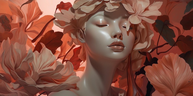 una obra de arte digital que representa a una dama que lleva flores en el pelo