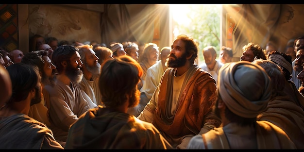 Foto obra de arte digital que representa una escena bíblica cristiana con jesucristo y sus discípulos concepto arte religioso ilustración bíblica pintura digital fe cristiana jesús y sus discípulos