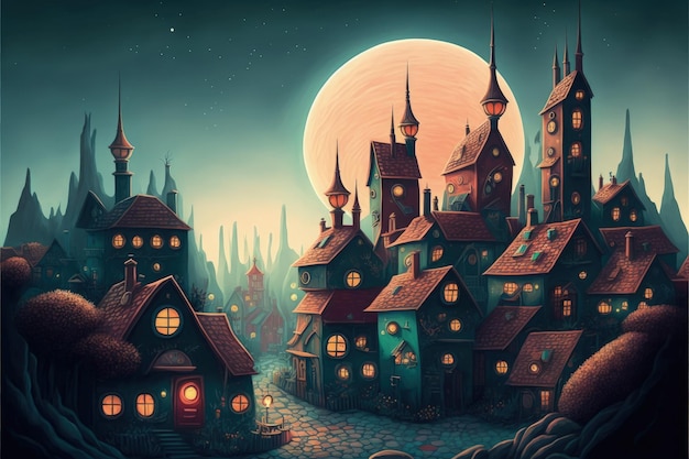 Una obra de arte digital que representa un pueblo en un mundo fantástico con edificios apilados uno encima del otro y un planeta que se avecina en el fondo Concepto de fantasía Pintura de ilustración IA generativa