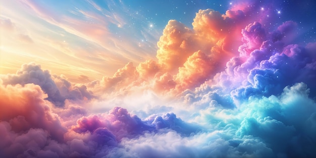 Una obra de arte digital vibrante y colorida que representa un paisaje de ensueño con nubes que han sido artísticamente representadas para parecerse a un horizonte de la ciudad en el fondo de una puesta o salida del sol