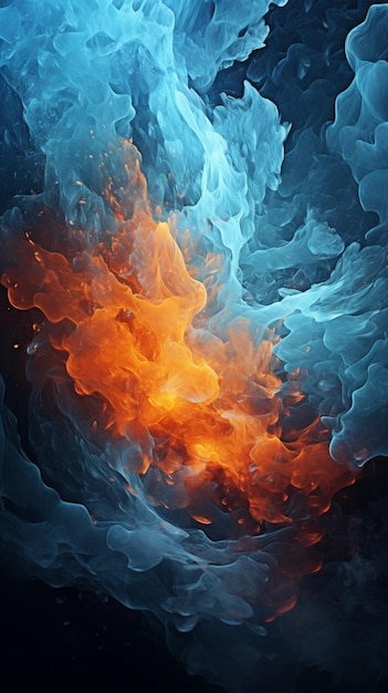 La obra de arte dinámica en negro muestra la fusión de fuego y hielo. Fondo de pantalla móvil vertical.