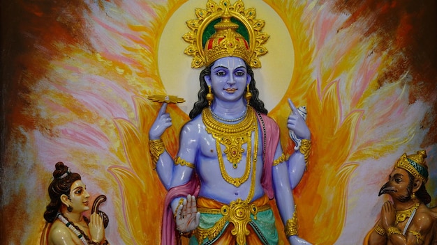 obra de arte del dios hindú Vishnu con sus seguidores