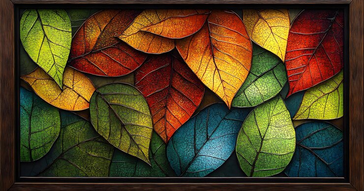 Una obra de arte enmarcada con un mosaico de hojas de colores con texturas agrietadas