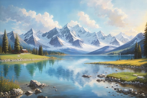 Una obra de arte exquisita que representa un tranquilo lago de montaña rodeado de imponentes picos.