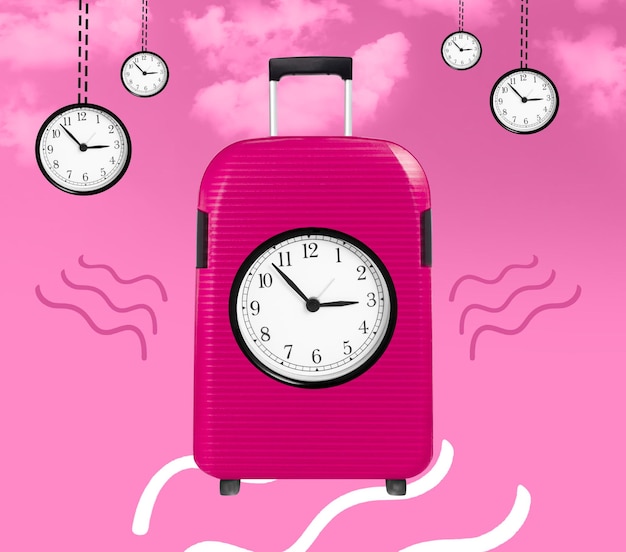 Foto obra de arte de la maleta de la bolsa de viaje con reloj sobre fondo rosa