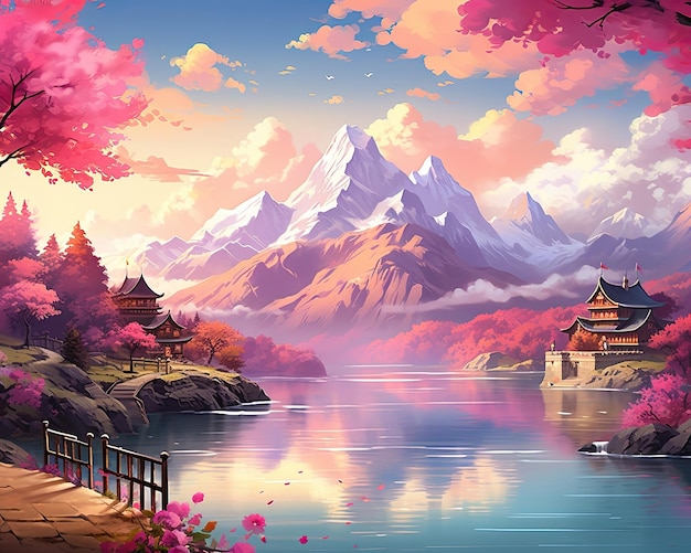 La obra de arte muestra montañas agua rosa cielo y nubes IA generativa