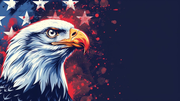 Foto obra de arte patriótica con una cabeza de águila con un telón de fondo de estrellas y salpicaduras en un fondo azul profundo