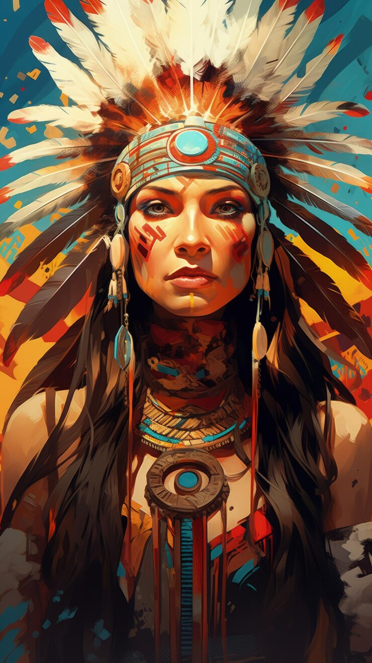 Obra de arte de una princesa nativa americana con tocado IA generativa