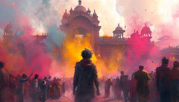 Foto una obra de arte que muestra a un viajero en solitario inmerso en las festividades de holi