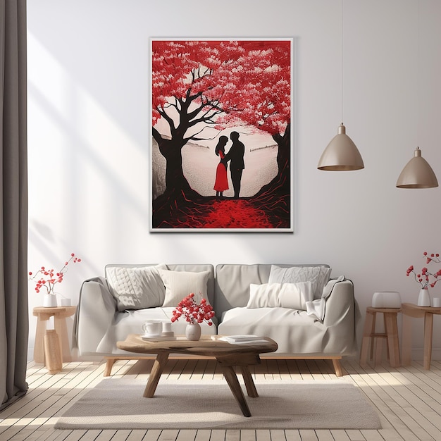 obra de arte que representa a dos amantes besándose bajo un árbol predominantemente en colores rojo y blanco