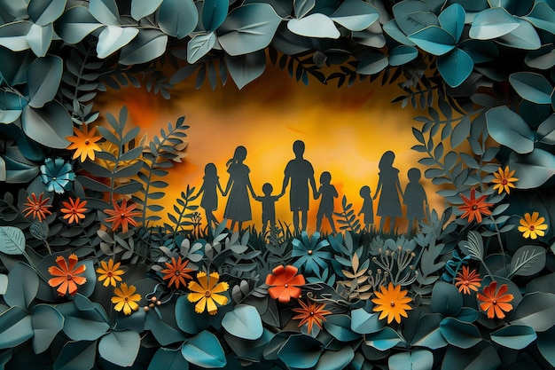 Una obra de arte recortada de papel con una familia y flores coloridas dispuestas de manera creativa