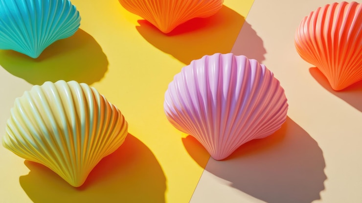 Foto esta obra de arte representa coloridas conchas hermosamente dispuestas sobre un fondo creativo vibrante