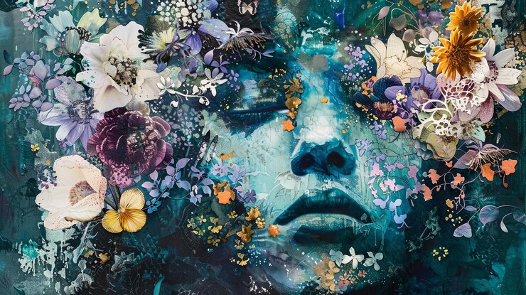 Una obra de arte surrealista con una cara inmersa en un mar de elementos florales coloridos