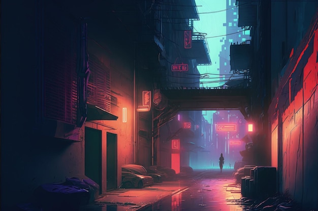 Obra de arte con temática de ciencia ficción que representa una escena nocturna de una calle antigua en una metrópolis futurista Concepto de fantasía Pintura de ilustración IA generativa