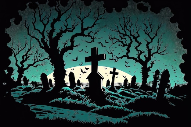 La obra de arte con temática de Halloween muestra un cementerio en la oscuridad a una hora espeluznante