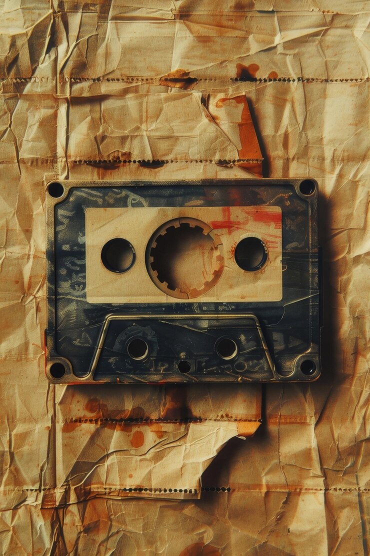 Una obra de arte urbana arenosa con una cinta de cassette desgastada y angustiada fusionada con salpicaduras de pintura vibrante