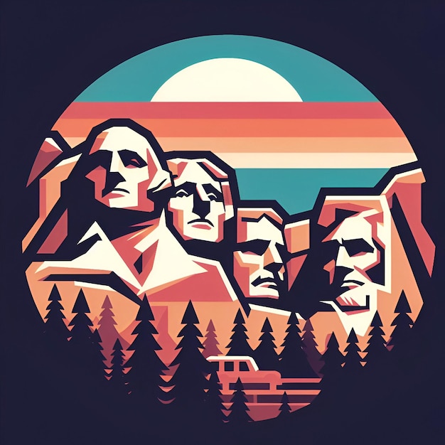 Obra de arte vectorial del Monte Rushmore en estilo retro Diseño de horizonte de ilustración vectorial con las cuatro caras