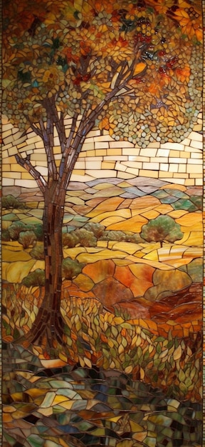 Una obra de arte de vidrieras con un árbol en primer plano.