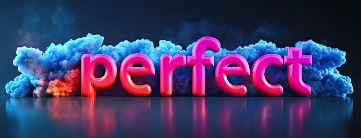 Foto obra artística en 3d de la palabra perfecta en colores vibrantes puesta contra un fondo de gradiente oscuro con bajos efectos de iluminación y sombras fuertemente enfocados en el estilo de la fotografía de alta resolución