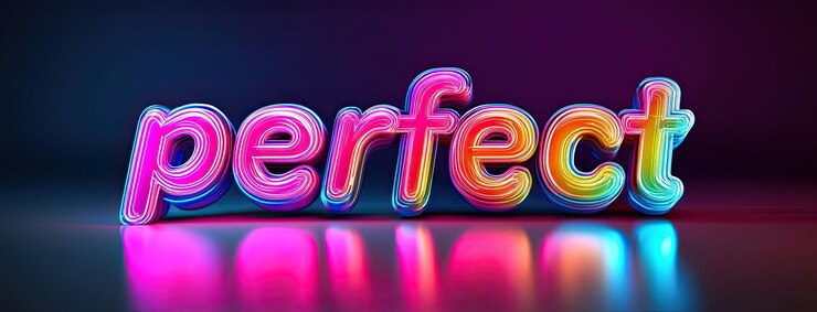 Foto obra artística en 3d de la palabra perfecta en colores vibrantes puesta contra un fondo de gradiente oscuro con bajos efectos de iluminación y sombras fuertemente enfocados en el estilo de la fotografía de alta resolución