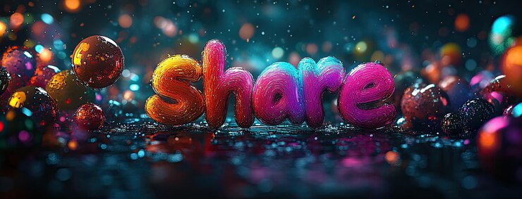 Foto obra artística en 3d de la palabra share en colores vibrantes ambientada contra un fondo de gradiente oscuro con efectos de iluminación y sombras bajas enfocados bruscamente en el estilo de la fotografía de alta resolución