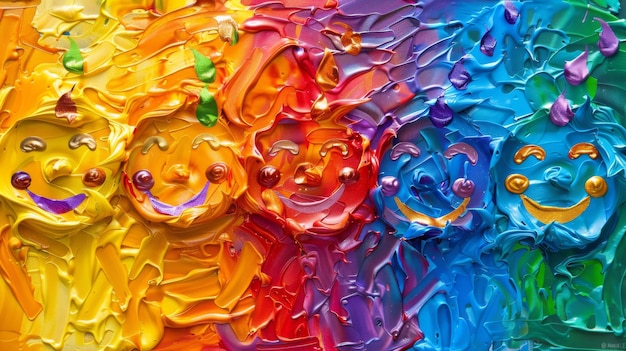 Obra artística abstracta en 3D Children39s Rostros sonrientes con pintura metálica de arco iris salpicado Día de los niños
