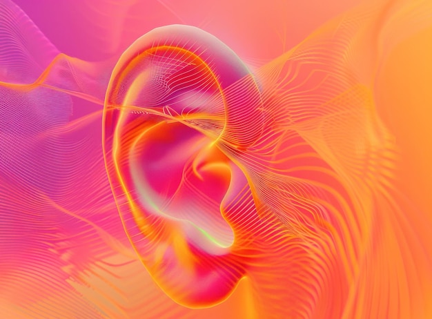 Obra artística abstracta de la oreja en fondo giratorio rosa y naranja con colores vibrantes y movimientos fluidos