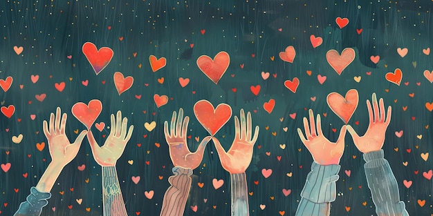 Obra artística de caridad e ilustración de manos coloridas sosteniendo un corazón para apoyar el socorro y las donaciones