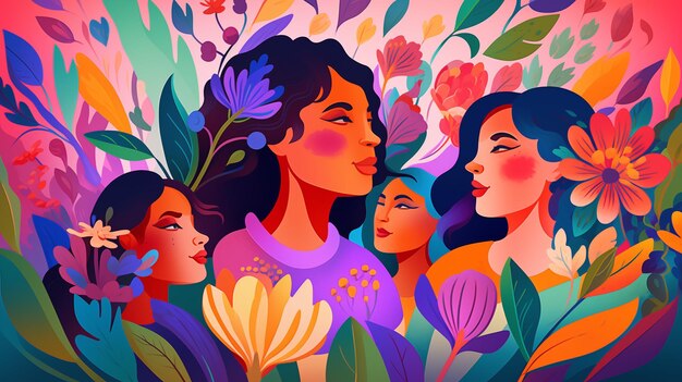 Foto obra artística digital tema de celebración del día de la mujer con un grupo diverso de mujeres