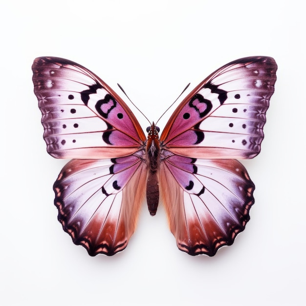 Foto obra artística hiperrealista de mariposa rosa y púrpura sobre un fondo blanco