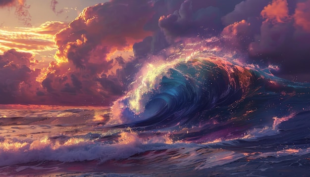 Foto obra de arte de uma onda colossal em meio a uma tempestade furiosa no mar aberto ao pôr-do-sol evocando temor à natureza39s