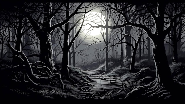 Obra de arte de uma pessoa mostrando uma floresta com árvores no estilo de humor negro gótico em preto e branco