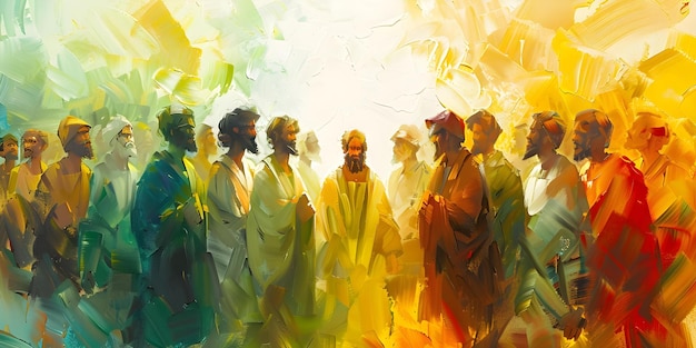 Obra de arte digital que retrata uma cena do cristianismo com os discípulos de Jesus e os santos conceito arte religiosa cristianismo cenas bíblicas ilustração digital santos