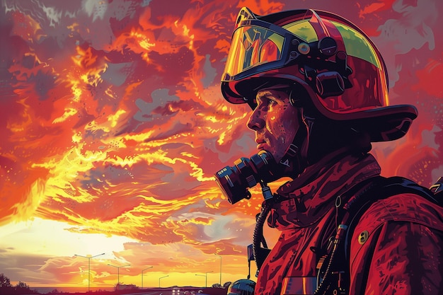 Obra de arte mostrando um homem usando um capacete firemans dia internacional dos bombeiros