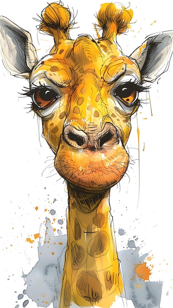 Obra de arte retrata uma girafida furiosa com uma expressão de raiva