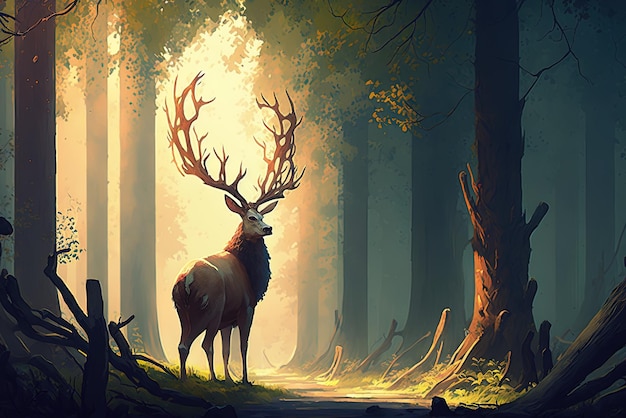 obra de arte retratando um cervo na floresta