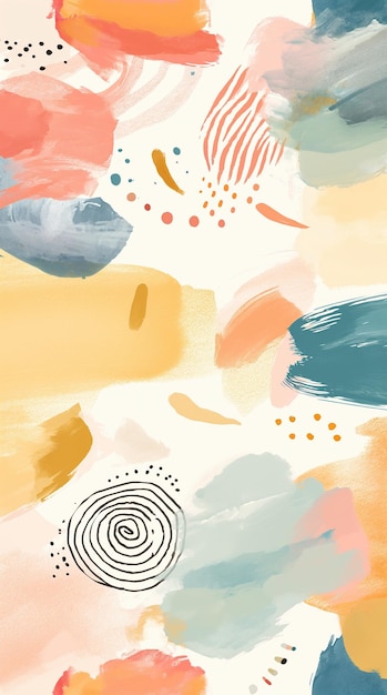 Obra de arte vertical abstrata com curvas pastel suaves e pontos espalhados em um desenho inspirado em arco-íris moderno brincalhão Impressão de cartaz de arte de parede de moda protetor de tela de telefone