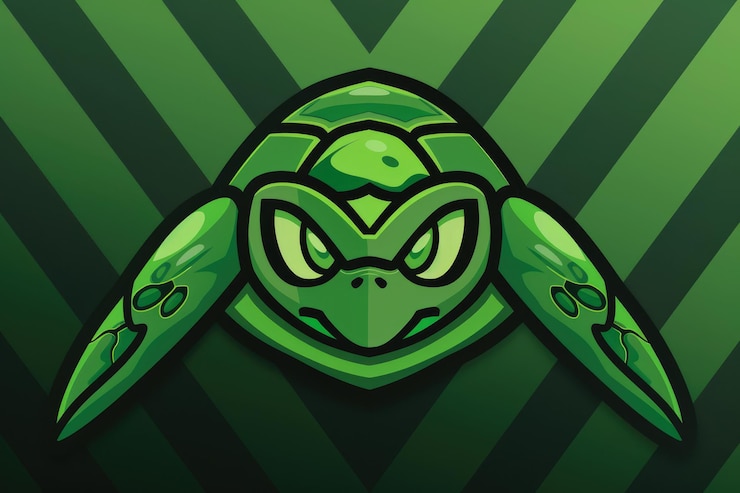 Foto obra de desenho animado de uma tartaruga verde em fundo listrado design brincalhão aig51