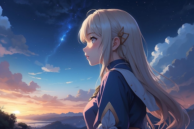 Obra digital de una chica de anime de fantasía solitaria mirando hacia el cielo