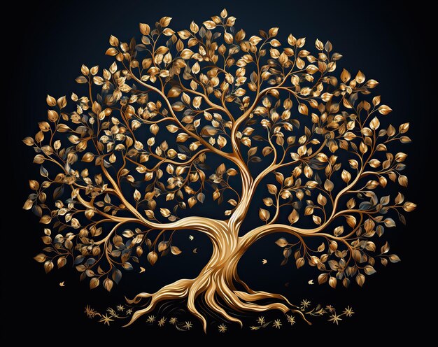 Foto obra maestra árbol de oro con muchas hojas en fondo negro ilustración simple