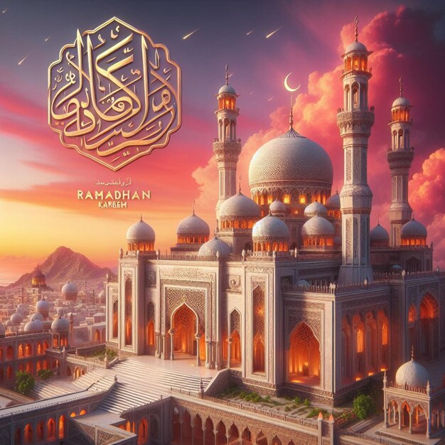 obra-prima da mesquita hiperrealista bandeira de Ramadan Kareem com detalhes intrincados tons de pôr-do-sol